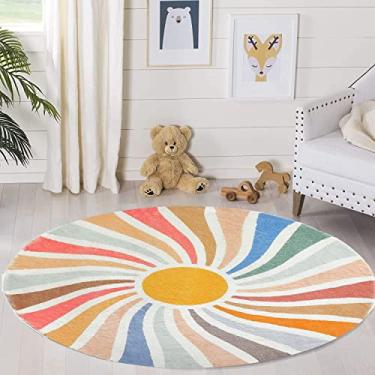 Imagem de Poowe Tapete redondo Sun Arco-íris, tapete colorido Boho infantil, tapete ultra macio lavável para quarto de bebê perescola, 1,2 m redondo