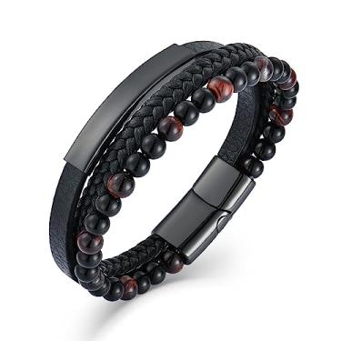 Imagem de Raymard Pulseira masculina masculina com contas de pedra vulcânica ônix preta ônix olho de tigre, pulseira de couro trançado preto para homens, 8.3 Inch, Couro, Sem Pedra Preciosa