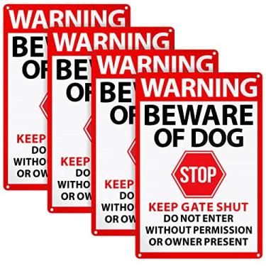 Imagem de Blulu 4 peças, aviso cuidado com o cão, 25,4 x 17,8 cm, não entre, placas de metal, sem invasão, placa de cachorro para manter portão fechado para cerca, porta, portão, exterior, casa, cozinha,