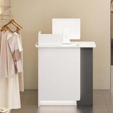 Imagem de Mesa de recepção, balcão de recepção de mesa frontal com luzes LED, gaveta com trava e armário de armazenamento, balcão de caixa de varejo para lobby loja de roupas escritório, branco + cinza, 100 cm