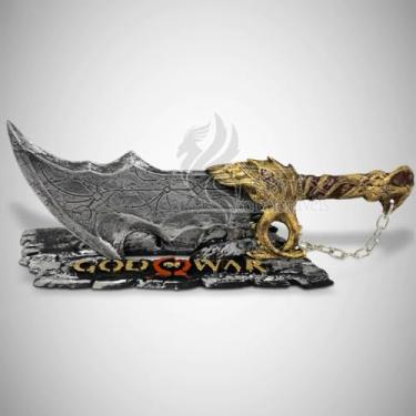 Imagem de God of War - Réplica decorativa da Lâmina do Caos, Colecionável, Cinza e Dourado, com Base personalizada e Corrente decorativa, para Adultos, 32 cm