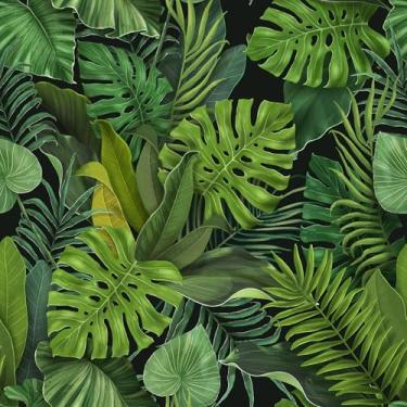 Imagem de CHIHUT Papel de parede tropical preto e verde autoadesivo folha de palmeira papel de parede decorativo removível selva papel de parede para banheiro sala de estar botânico Monstera papel de contato 45