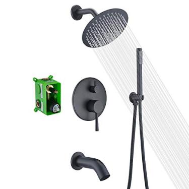 Imagem de Sistemas de Chuveiro Preto Fosco com Bico de Banheira de Cachoeira, Conjuntos de Torneiras de Chuveiro Completos com Cabeça de Chuveiro de 20 cm e Portátil