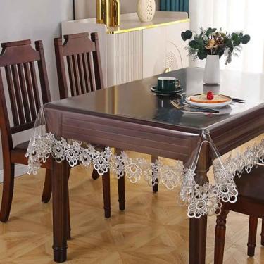 Imagem de JEGPWBKT Toalha de mesa retangular de vinil PVC impermeável transparente com borda de macramê de renda para casamento, cozinha, casa, ambientes externos, feriados, decoração de festa (branca, 111 x