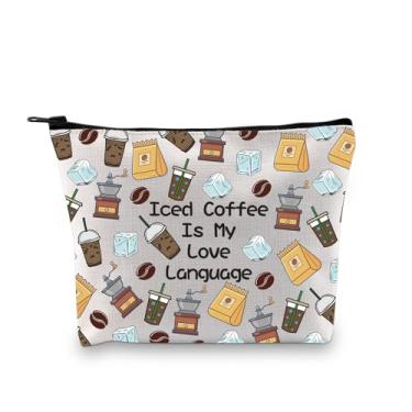 Imagem de JXGZSO Presente inspirado no bebedor, café gelado é minha linguagem de amor, bolsa de higiene pessoal de viagem, bolsa de cosméticos de café gelado, bolsa de maquiagem para viciados em maquiagem, Iced