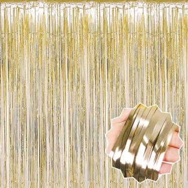 Imagem de Pacote com 6 cortinas de fundo com franjas douradas de 8 x 1,6 m, decorações de festa, cortinas metálicas para cabine de fotos, Halloween, Natal, aniversário, celebração, evento e decoração de festa