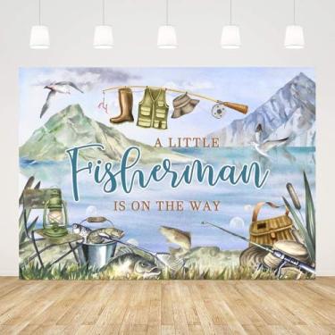 Imagem de AIBIIN Pano de fundo para chá de bebê de 2,1 x 1,5 m A Little Fisherman is On The Way com fundo fotográfico O-Fish-Ally Fishing Baby Shower Decorações Banner Photo Studio Adereços