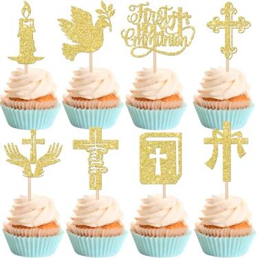 Imagem de Rsstarxi 24 Pack First Holy Communion Cupcake Toppers Gold Glitter Dove God Bless Cross Cupcake Picks for Christian Baptism Theme Baby Shower First Communion Party Cake Decorations