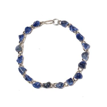 Imagem de 03 Pulseira Corrente Pedra Colada Sodalita Azul Natural Rolada Montagem Banho Prateado