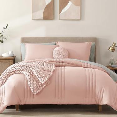 Imagem de Monbix Conjunto de edredom completo – 7 peças, rosa claro em uma bolsa, conjunto de cama casal com edredom, edredom com lençóis, fronhas e fronhas para todas as estações