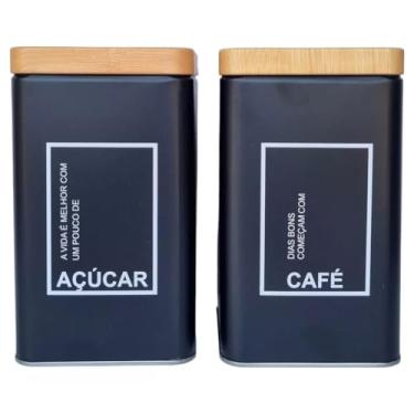 Imagem de Kit 2 Potes Café e Açúcar Conjunto Lata Alumínio Tampa Imita Madeira Porta Mantimentos - SHACK