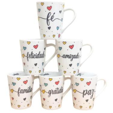 Imagem de Jogo 6 canecas Cônicas 220ml Frases Motivacionais -Porcelana - Genéric