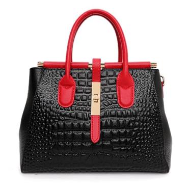 Imagem de AIDRANI Nova bolsa feminina de couro, bolsa de grande capacidade com design de bloqueio de cor com estampa de crocodilo impressa na superfície, Vermelho + preto