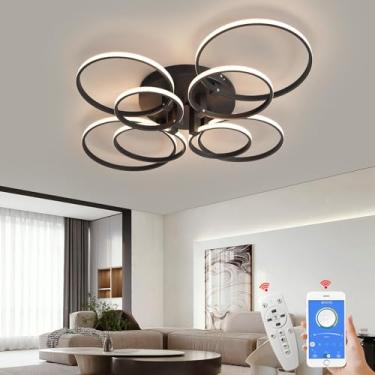 Imagem de Lustre LED moderno branco/preto para sala de estar Quarto lâmpadas de teto decoração de casa brilho iluminação interna minimalismo teto Lustre Led anel luminária (Preto, 8 anéis L90*W70CM)