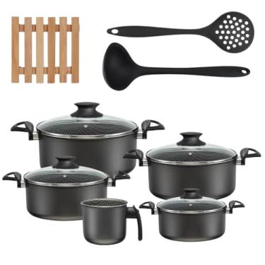 Imagem de Jogo de Panelas 05 Peças Antiaderentes C/Tampas de Vidro + 05 Descansos Quadrados + Concha e Escumadeira Preta