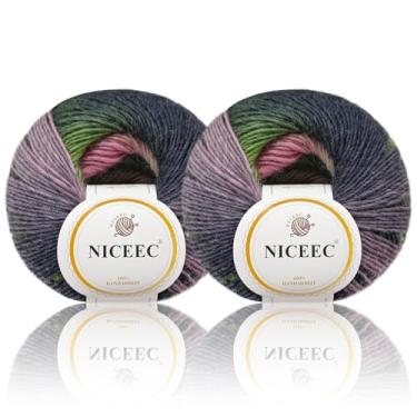 Imagem de NICEEC 2 novelos de fio macio arco-íris 100% lã gradiente multicolorida para tricô de crochê comprimento total 180 m × 2 (196 m × 2,50 g × 2)-7#