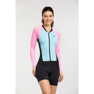 Imagem de Macaquinho de Ciclismo Feminino Manga Longa  - Cor De Cacau, GG, Azul,