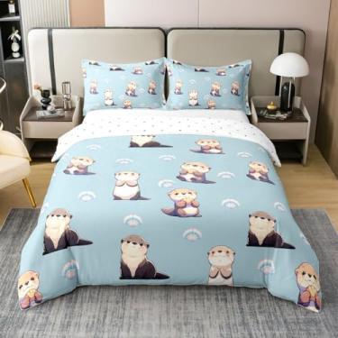Imagem de Manfei Jogo de cama de casal com estampa de lontras de desenho animado 100% algodão puro, conjunto de cama kawaii, animais marinhos (sem enchimento), oceano, lago, azul, capa de edredom para decoração