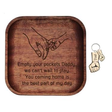 Imagem de Empty Your Pockets Bandeja de madeira para papai, dia dos pais, bandeja de armazenamento de chaves de madeira gravada com chaveiro, presente masculino para papai e aniversário