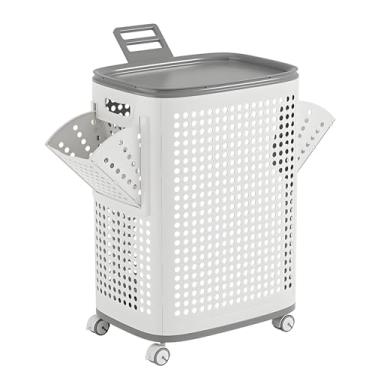 Imagem de WESAPPINC Cesto de roupa suja rolante com tampa, cesto de plástico perfurado 70L com rodas, caixa de armazenamento com alça, branco (70 L)