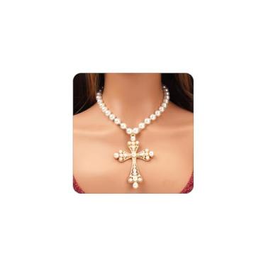 Imagem de Colar gargantilha feminina com cruz de pérolas góticas, ouro 14K, pérolas exageradas, contas, crucifixo, punk, vintage, religiosa, clavícula, Large, Zinco, Pérola