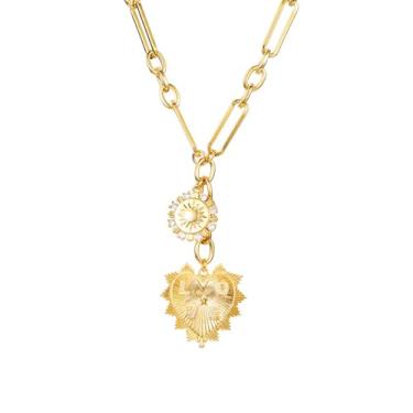 Imagem de TACBSP Colar com pingente de sol e coração para mulheres, banhado a ouro 18 K, olho turco, sol, lua, flor, moeda, corrente, clipe de papel, colar com pingente, joias celestiais, presentes para