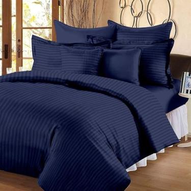 Imagem de Lençol de cama 100% algodão listrado de cetim, 400 fios de algodão premium para casa, hotéis e pousadas, resorts etc. com 2 fronhas (azul marinho, King 274 cm x 274 cm)