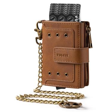 Imagem de Carteira vulkit Trifold masculina inteligente com corrente rfid de couro marrom