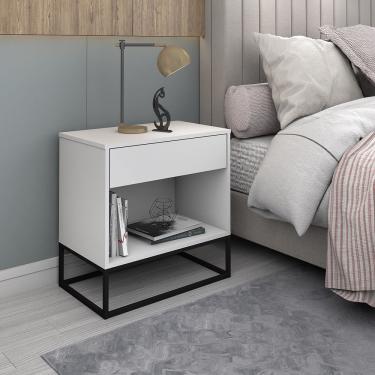 Imagem de Mesa Cabeceira Malta Branco Em Estilo Industrial Base Preto