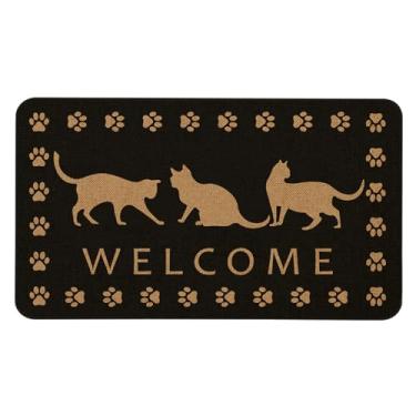 Imagem de Kuyuayee Tapete de porta Cat Welcome 76 x 43 cm preto gato capacho para ambientes internos e externos tapetes antiderrapantes laváveis para animais de estimação decoração de casa