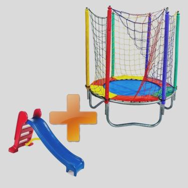 Imagem de Cama Elástica Pula Pula Trampolim 1,40m Redonda + Escorregador Médio Colorido Nacional Qualidade Premium Rotoplay Brinquedos