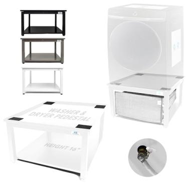 Imagem de Pedestal de lavadora e secadora - 61 cm L, 40 cm A, ajuste universal de aço branco com as principais marcas, pedestal de lavanderia à prova de vazamento com bandeja de drenagem e mangueira, suporte de