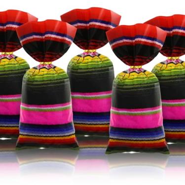 Imagem de Sacos de doces mexicanos para lembrancinhas de festa Cinco De Mayo, 100 peças coloridas listradas Fiesta Plástico Goodie Celofane Sacos de presente para decorações de aniversário Mexicao Artigos de