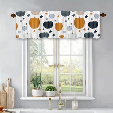 Imagem de Cortina curta de poliéster para decoração de janela de Dia das Bruxas para cozinha, quarto, café, banheiro, amarelo, cinza, branco, tratamento de janela, cortina curta de poliéster, 137 x 45 cm