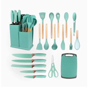 Imagem de Utensilios para Cozinha Silicone Kit com 19 Peças Cabo Madeira Suporte Faca Antiaderente Tabua Tesoura Faqueiro (Verde) - YODHE