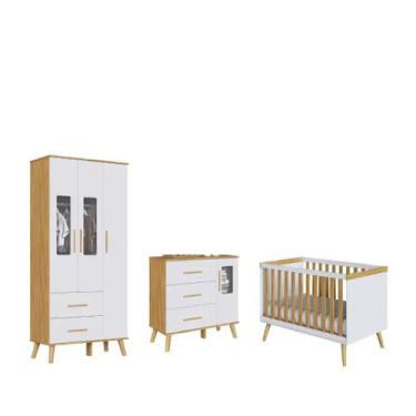 Imagem de Quarto Completo Bebe Moveis Peroba Sky Retro MDF, Branco Amêndoa