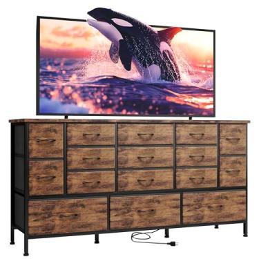 Imagem de Fixwal Cômoda com suporte de TV de 160 cm, suporte de TV de 178 cm com tomadas, cômoda longa com 16 gavetas grandes, cômoda de tecido para sala de estar, quarto, entrada, marrom rústico