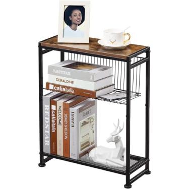 Imagem de Mesa lateral pequena para espaços pequenos – Mesa de canto fina com suporte de revista – Mesa de canto estreita 2 em 1 – Mesa de cabeceira fina para quarto, mesa de cabeceira fina, marrom rústico