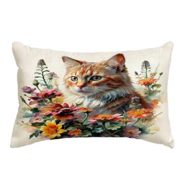 Imagem de JAERUE Capa de almofada decorativa de gato com decoração floral de casa de fazenda fronhas para sofá sofá varanda pátio primavera verão capas de almofada lombar, 12×20 polegadas (laranja)