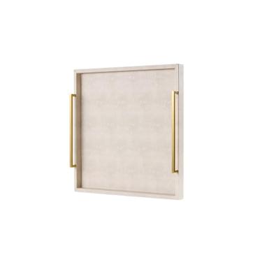 Imagem de Bandeja quadrada extra grande para otomana 20 com alça dourada, bandeja de servir funcional de couro marfim Shagreen bandeja decorativa elegante para mesa de café, cozinha de jantar (alça marfim