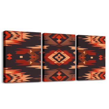 Imagem de Feelyou 3 peças de arte de parede em tela ocidental vermelha marrom para sala de estar, quarto, pinturas de parede astecas do sudoeste tribal, imagens indígenas, nativos americanos, decoração de