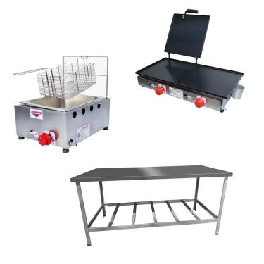 Imagem de Kit Lanchonete Mesa De Manipulação 190x70cm + Fritadeira A Gás 1 Cuba + Chapa A Gás 60cm Alcamar