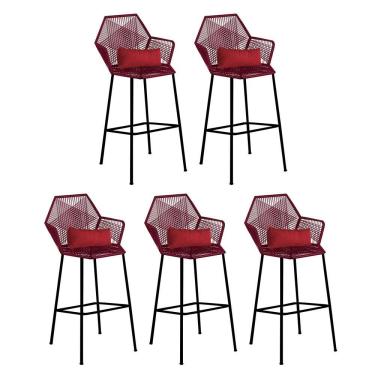 Imagem de Kit 05 Banqueta Alta Com Encosto Sttar Ferro Preto Fibra Marsala Almofada Suede Vermelho