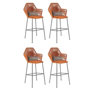 Imagem de Kit 04 Banqueta Alta Sttar Ferro Prata Fibra Terracota Almofada Sintético Bege