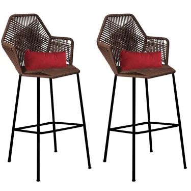 Imagem de Kit 02 Banqueta Alta Sttar Ferro Preto Fibra Marrom Almofada Corino Vermelho - Amey Decor