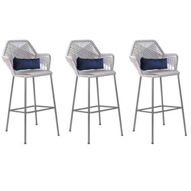 Imagem de Kit 03 Banqueta Alta Sttar Ferro Prata Fibra Cinza Almofada Corino Azul Marinho - Amey Decor