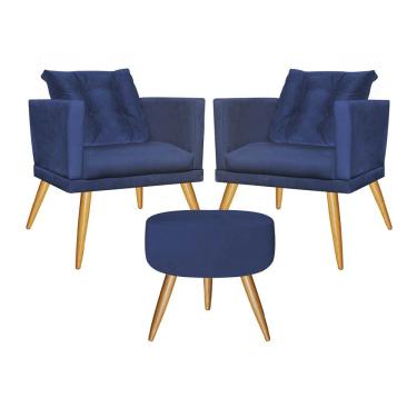 Imagem de Kit 02 Poltrona Com Almofada Solta E Puff Kim Luxo Confort Pé Madeira Sala Azul Marinho - Amey Decor