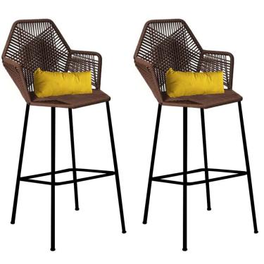 Imagem de Kit 02 Banqueta Alta Sttar Ferro Preto Fibra Marrom Almofada Amarelo