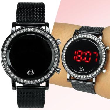 Imagem de Relogio Feminino Aço Inoxidavel Silicone Digital Led Strass Pulseira Ajustavel Moda Casual