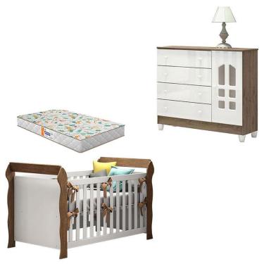 Imagem de Kit Berço Americano Lara com Cômoda Selena em MDF MDP com Colchão Gazin Branco Acetinado Amadeirado